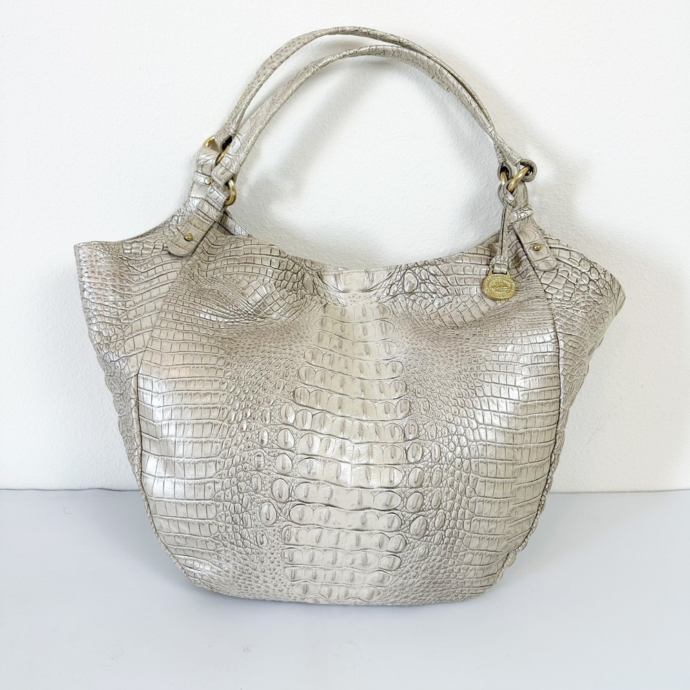 Brahmin Ivory and Gray Melbourne Croc Embossed Leather Hobo Shoulder Bag